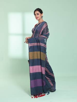 Dark grey cotton saree with stripes design 2