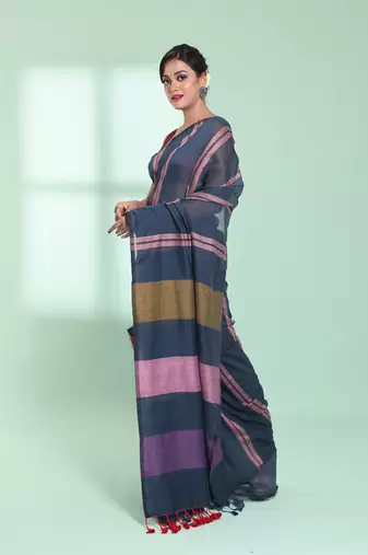 Dark grey cotton saree with stripes design