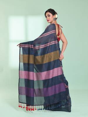 Dark grey cotton saree with stripes design 3