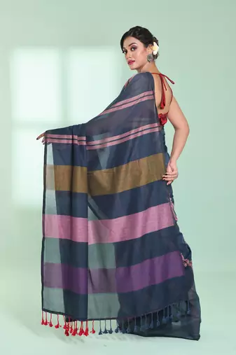 Dark grey cotton saree with stripes design