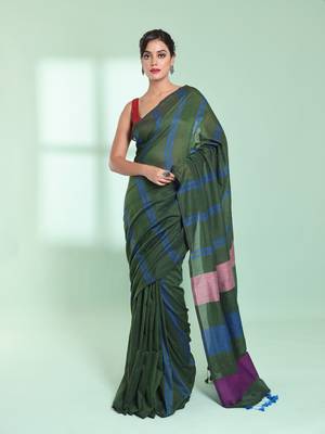 Hunter green cotton saree with stripes design 1