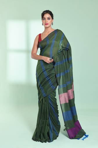 Hunter green cotton saree with stripes design
