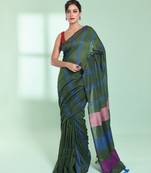 Hunter green cotton saree with stripes design