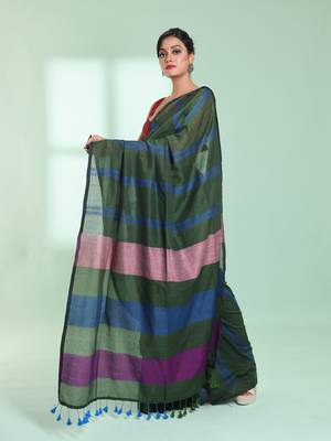Hunter green cotton saree with stripes design 2
