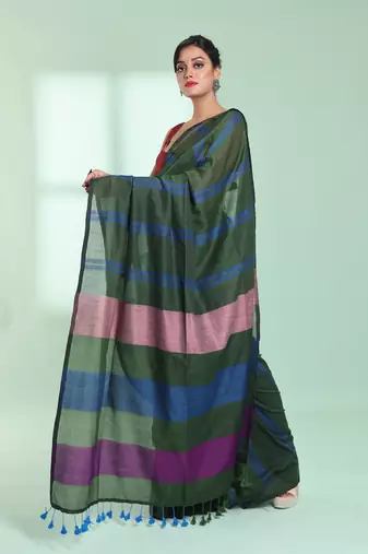 Hunter green cotton saree with stripes design