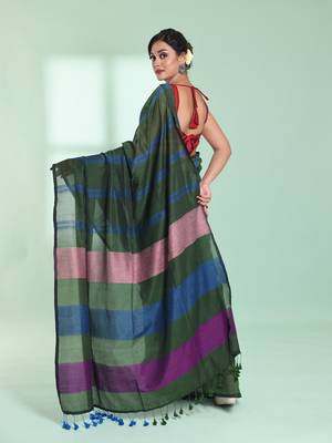 Hunter green cotton saree with stripes design 3