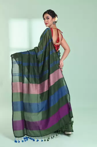 Hunter green cotton saree with stripes design