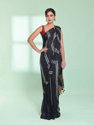 Black cotton saree with stripes design 1
