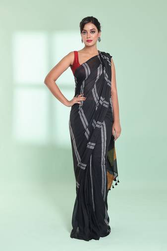 Black cotton saree with stripes design