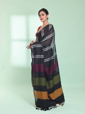 Black cotton saree with stripes design 2