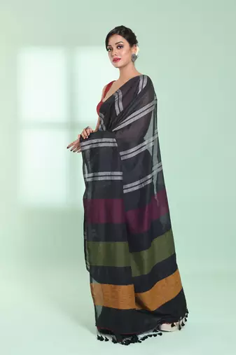 Black cotton saree with stripes design