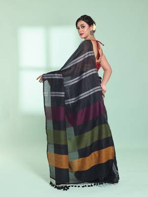 Black cotton saree with stripes design 3
