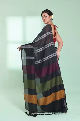 Black cotton saree with stripes design