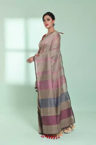 Ecru cotton saree with stripes design