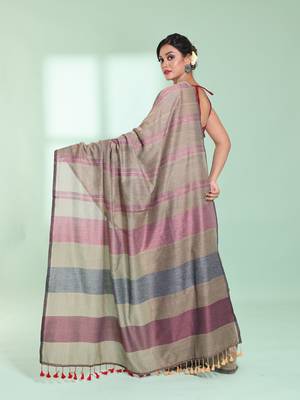 Ecru cotton saree with stripes design 3