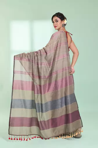 Ecru cotton saree with stripes design