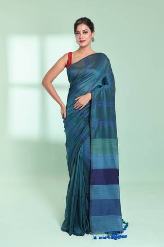 Teal cotton saree with stripes design