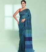 Teal cotton saree with stripes design