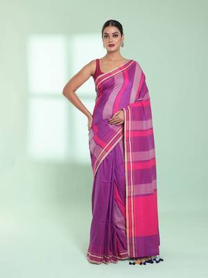 Dark pink cotton saree with stripes design 1