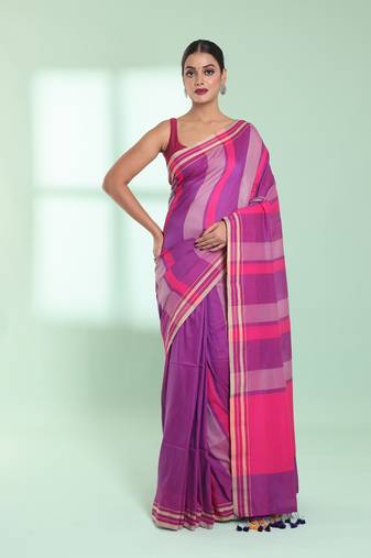 Dark pink cotton saree with stripes design