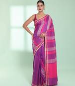 Dark pink cotton saree with stripes design