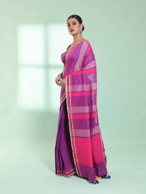 Dark pink cotton saree with stripes design 2