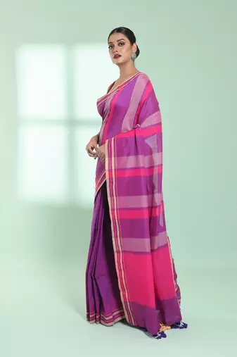 Dark pink cotton saree with stripes design
