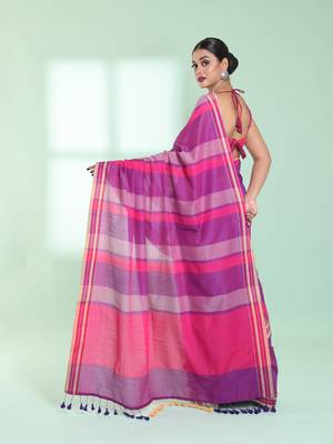 Dark pink cotton saree with stripes design 3