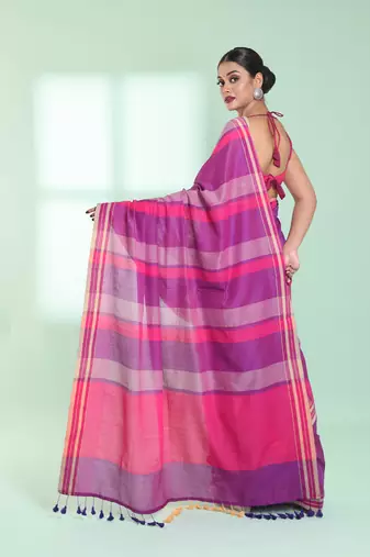 Dark pink cotton saree with stripes design