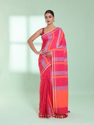 Punch pink cotton saree with stripes design 1