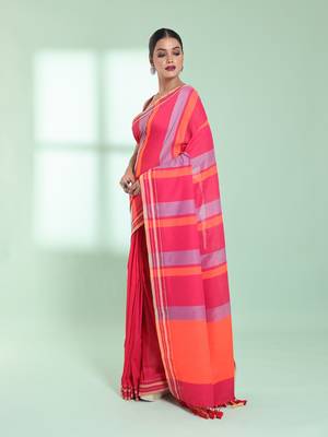Punch pink cotton saree with stripes design 2
