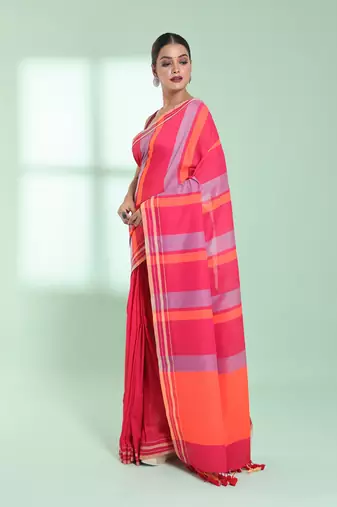 Punch pink cotton saree with stripes design