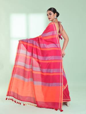 Punch pink cotton saree with stripes design 3