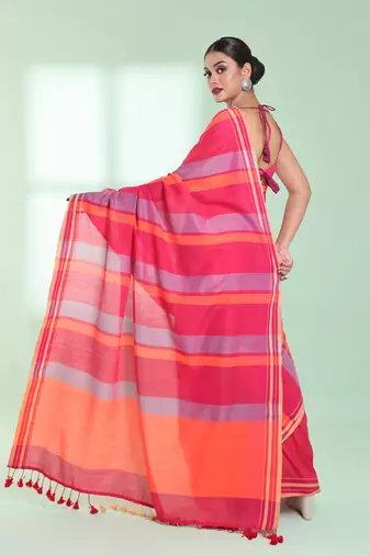 Punch pink cotton saree with stripes design