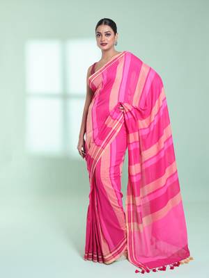 Pink cotton saree with stripes design 1