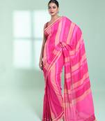 Pink cotton saree with stripes design