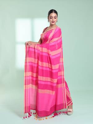 Pink cotton saree with stripes design 2