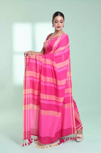 Pink cotton saree with stripes design