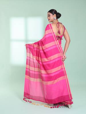 Pink cotton saree with stripes design 3