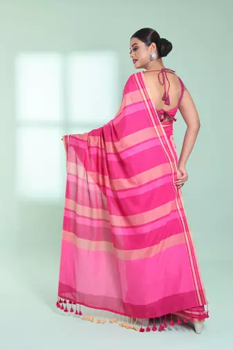 Pink cotton saree with stripes design