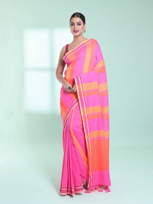 Taffy pink cotton saree with stripes design 1