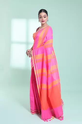 Taffy pink cotton saree with stripes design