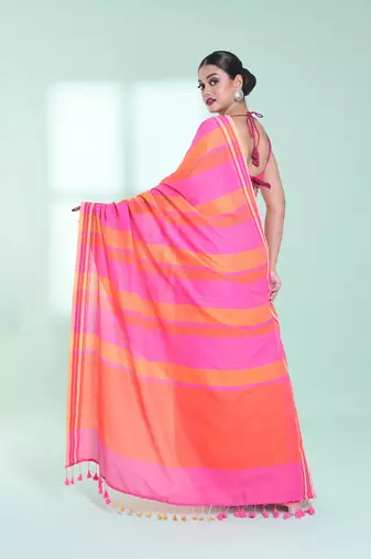 Taffy pink cotton saree with stripes design