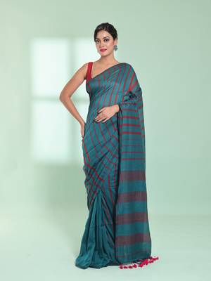 Teal cotton saree with stripes pattern 1