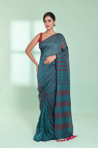 Teal cotton saree with stripes pattern