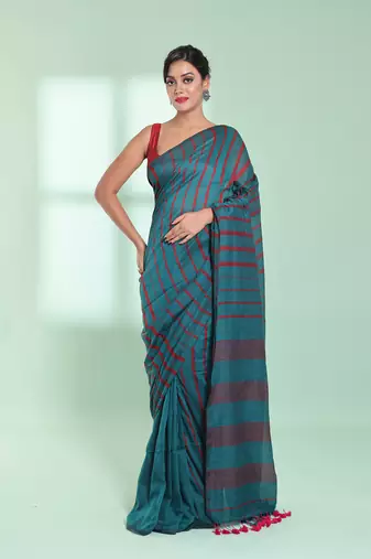 Teal cotton saree with stripes pattern