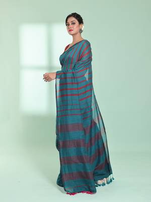 Teal cotton saree with stripes pattern 2
