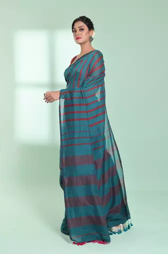 Teal cotton saree with stripes pattern
