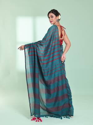 Teal cotton saree with stripes pattern 3