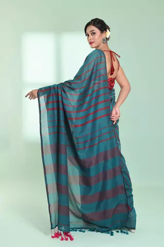 Teal cotton saree with stripes pattern